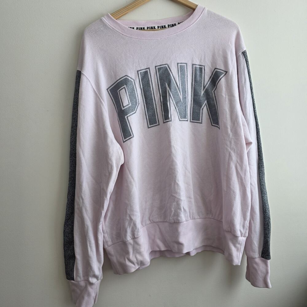 VS PINK Crewneck Sweatshirt Pink White Glitter Size Large Oversized Glam Cozy